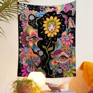 Tenture de tarot psychédélique avec visage de tournesol et motifs de champignons colorés