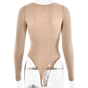 Back view of a long-sleeve knit bodysuit in nude color with ribbed waist and thong cut