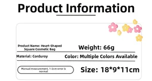 Size specification and material chart for heart corduroy cosmetic bag 18x9x11cm