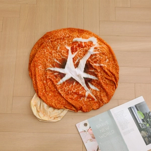 Round realistic pizza pattern plush blanket on wooden floor for creative home decor