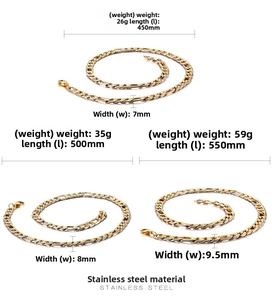 Detailed size chart showing width and length of stainless steel Figaro chain necklaces