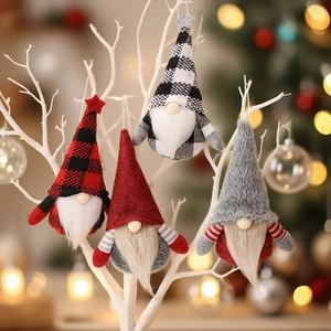 Christmas Gnome Hanging Ornaments Faceless Dolls Knitted Plaid Tall Hat Long Beard Star Top Holiday Tree Decor