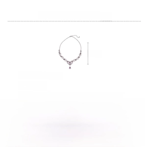 Detailed view of purple floral necklace with rhinestone droplets and size specifications
