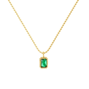 Vintage 18K gold plated ball chain necklace with rectangular emerald zircon pendant