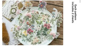 Detail showing vintage botanical stickers in a ceramic plate with wooden background