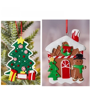 Detailed polymer clay Christmas tree and gingerbread house ornaments with red ribbons