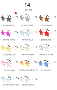 Collection of star-shaped rimless sunglasses in 14 vibrant colors with gold metal temples