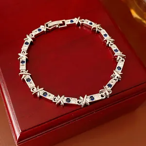 Bracciale In Rame Zircone Maglie A Forma Di X Pietre Blu E Bianche Gioielli Di Moda Eleganti Per Donna