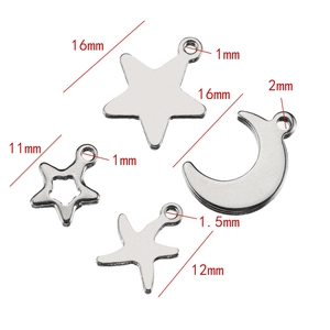 Set of four stainless steel charms: star, moon, hollow star and starfish for DIY jewelry