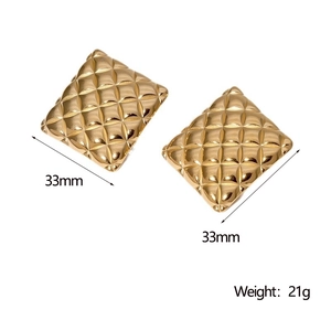 Macro detail of 18k gold-plated square earrings with quilted texture and 33mm size markers