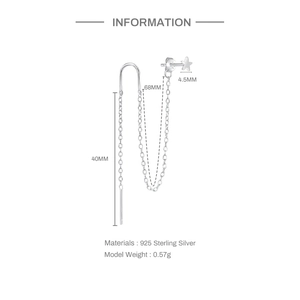 Detail view of S925 sterling silver star chain earrings with precise size measurements