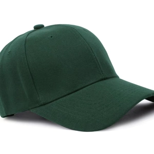 Detailed close-up showing the dark green cotton twill fabric of the six-panel baseball cap