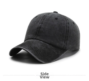 Detailed close-up showing the washed denim texture and reinforced stitching on the cap brim