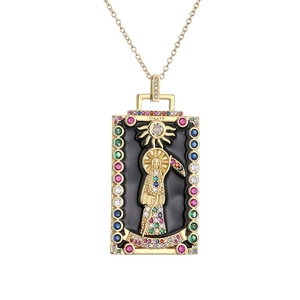 Gold tarot death card pendant necklace with colorful zircon sun engraving for women