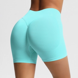 Detailed back view of seamless high-waisted fitness shorts with scrunch butt lift design