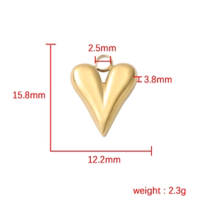 Detail showing dimensions of a 3D gold heart pendant with height and width measurements