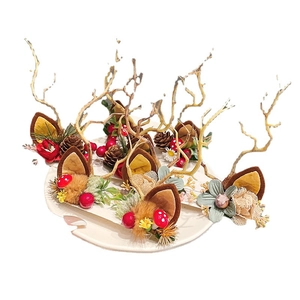 Cute Christmas reindeer antler hair clips set with berries and cones for holiday costume