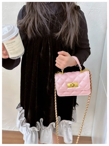 Pink quilted chain crossbody bag for girls with gold handle and twist-lock closure
