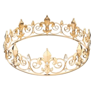 Luxurious gold round bridal crown with white crystal fleur-de-lis openwork design