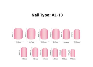 Detailed size guide for pink press-on nails showing dimensions for AL-13 nail shape