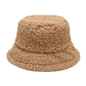Thick warm camel lamb wool bucket hat for women with minimalist plush teddy fleece texture
