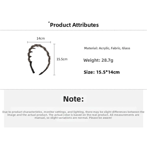 Detail showing wavy rhinestone headband dimensions of 15.5x14cm and 28.7g weight