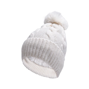 White cable knit beanie with fluffy pompom and warm fleece lining for winter outdoors