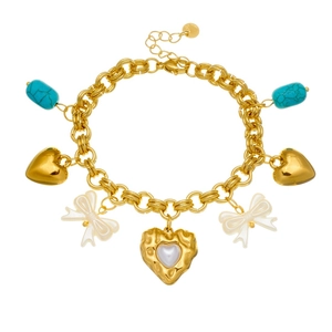Gold-plated chunky chain bracelet with heart, pearl bow, and turquoise stone pendants