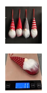 Macro detail of knitted Christmas gnome ornaments in four festive patterns and textures