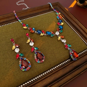 Vintage Copper Rhinestone Colorful Gemstone Pear Waterdrop Pendant Necklace And Earrings With Silver Earring Post For Women