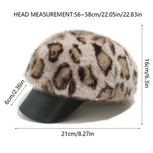 Detail view of leopard print faux fur newsboy cap showing size measurements and materials
