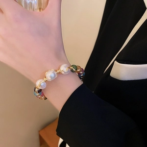 Baroque pearl open bracelet with colorful natural stones and handcrafted gold wire wrap