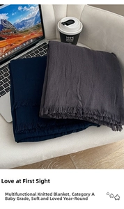 Detail of soft knitted meditation shawls with tassels in navy and grey, A-grade organic fabric