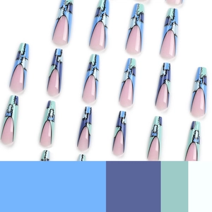 Extra long French ballet press-on nails with cool tone patchwork and black line details