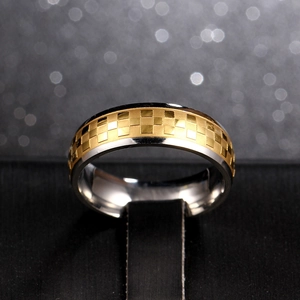 Men's 6mm titanium steel ring featuring a gold-toned checkerboard pattern design