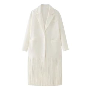Detail of white blazer jacket featuring thick fringe hem and smooth woven fabric texture