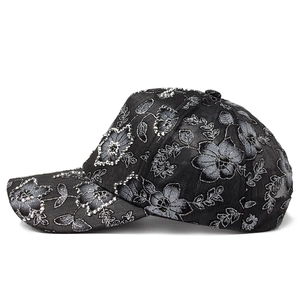 Black mesh baseball cap with grey floral embroidery and sparkling silver rhinestones