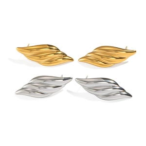 Minimalist leaf-shaped stainless steel stud earrings in polished gold and silver finishes