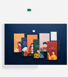 Set of 6 assorted teacher appreciation cards with hand-drawn illustrations and stickers