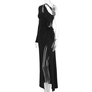Detail of black one-shoulder maxi dress with side waist cutout and drawstring ruching