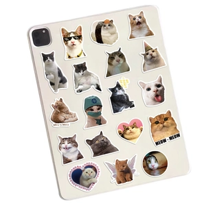 Funny cat meme stickers on a white tablet case, featuring waterproof PVC decals