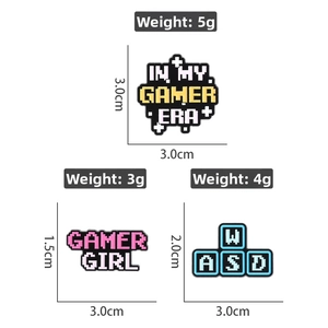 Detailed size and weight specs for pixel art enamel gamer era pins and WASD badge