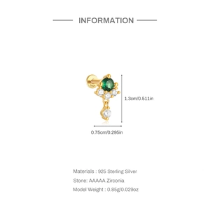 Detailed view of gold 925 silver helix stud with green zircon and product dimensions