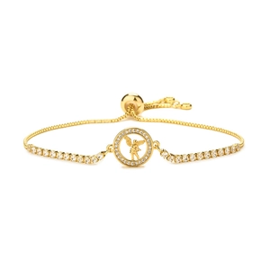 Adjustable gold angel pendant bracelet with sparkling zircon halo and box chain style