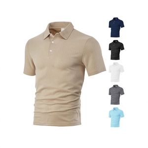 Khaki men's waffle texture polo shirt with short sleeves and three-button collar design