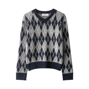 Argyle Knit Sweater V-Neck Long Sleeve Polyester Acrylic Casual Retro Pullover Top For Women