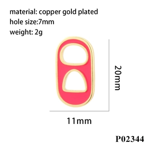 Pink enamel soda tab pendant in gold plated copper with detailed dimensions and weight