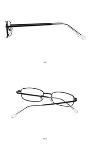 Detailed side and back view of retro black metal eyeglass frame with clear temple tips