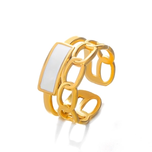 Adjustable gold stainless steel chain ring with white enamel rectangle plate for women