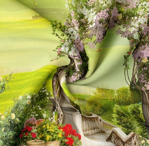 Detailaufnahme des Landschaft-Wandteppichs mit Blumenmuster und weichem Stoff-Drapierung